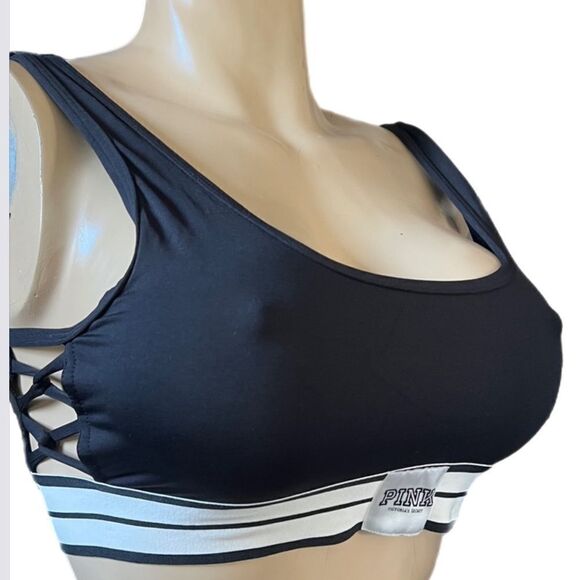 Victoria’s Secret pink ultimate sport yoga strappy unlined bralette bra black L - Picture 2 of 11